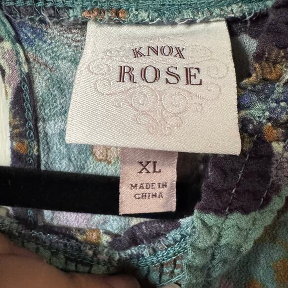 Knox Rose Floral Top Green Mock Neck Smocked Back Button Short Sleeve Sz XL - Picture 4 of 6